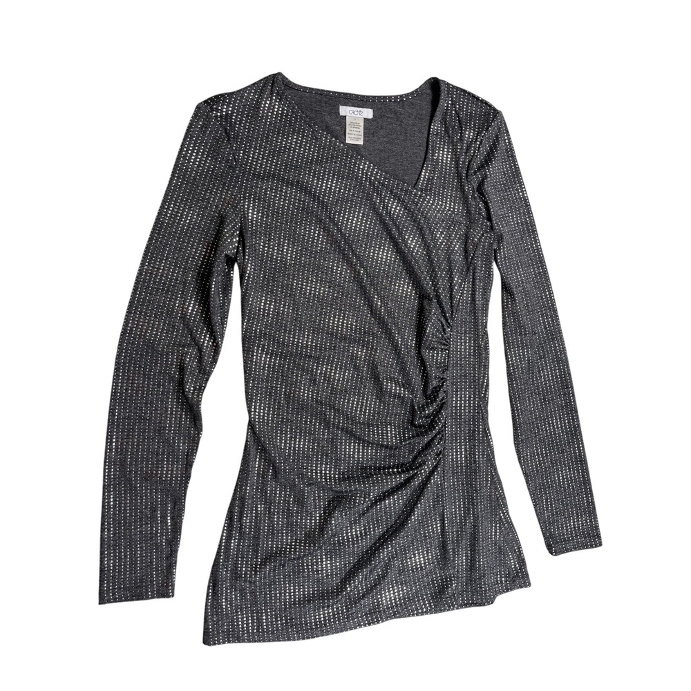 Cache Gray Silver Metallic Ruched V-Neck Top Women's Small Y2K